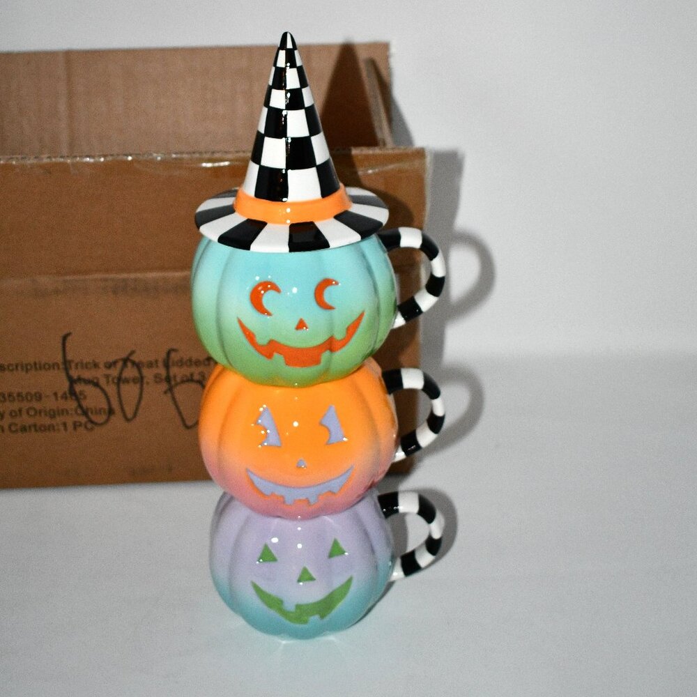 Mckenzie Childs Trick or Treat Lidded Pumpkin Mug Tower, Set of 3 #: 35509-1485